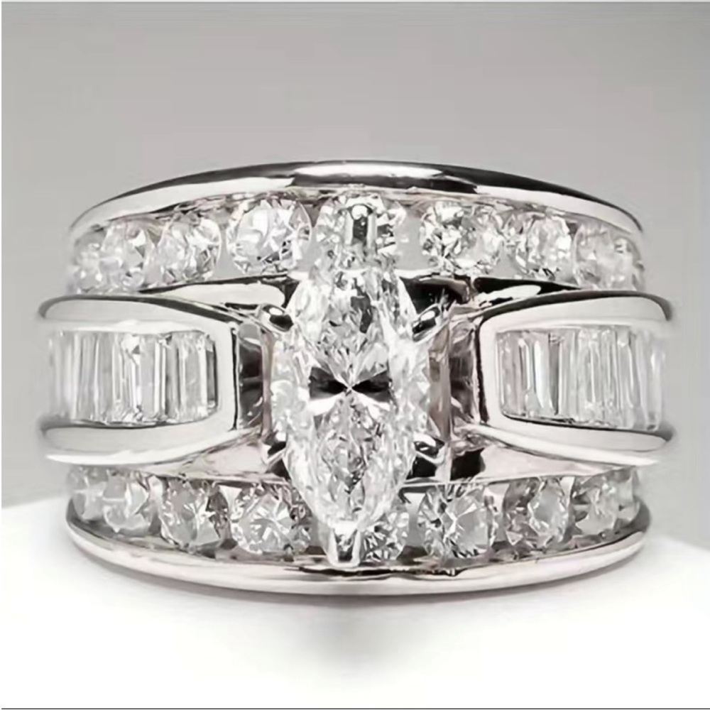 NEW Luxury 925 Silver Round Marquise Baguette Cut Round Engagement Wedding Ring